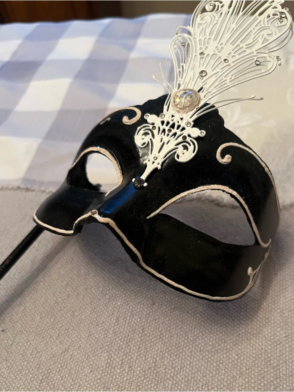 Black and Silver Venetian Masquerade Bridgerton Hand Held Eye Mask